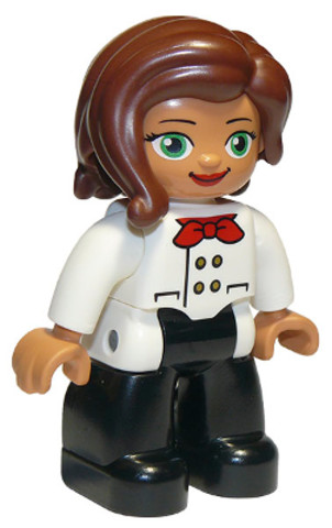 LEGO® Minifigurák 47394pb256 - Duplo Figure Lego Ville, Female, Black Legs, White Chefs Top with Red Scarf and Reddish Brown Hair