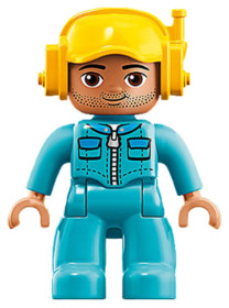 Duplo Figure Lego Ville, Male, Medium Azure Legs, Medium Azure Jacket with Zipper and Pockets, Yello
