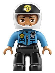 Duplo Figure Lego Ville, Male Police, Black Legs, Dark Azure Top with Badge and Radio, White Helmet 
