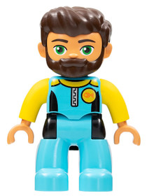 Duplo Figure Lego Ville, Male, Medium Azure Diving Suit, Yellow Arms, Dark Brown Hair, Beard