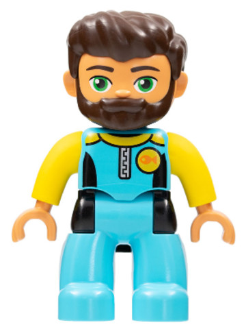 LEGO® Minifigurák 47394pb268 - Duplo Figure Lego Ville, Male, Medium Azure Diving Suit, Yellow Arms, Dark Brown Hair, Beard