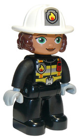 Duplo Figure Lego Ville, Female Firefighter, Black Legs, Black Jacket with Safety Harness, White Hel
