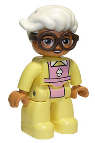 Duplo Figure Lego Ville, Female, Bright Light Yellow Suit with Bright Pink Apron, Dark Brown Glasses