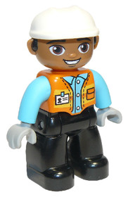 Duplo Figure Lego Ville, Male, Black Legs, Orange Vest with Badge and Pocket, Medium Azure Arms, Lig