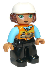 Duplo Figure Lego Ville, Female, Black Legs, Orange Vest with Belt and Telephone, Medium Azure Arms,