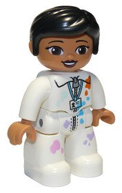 Duplo Figure Lego Ville, Female, White Suit with Zipper, ID Badge, and Paint Splotches, Black Knot B