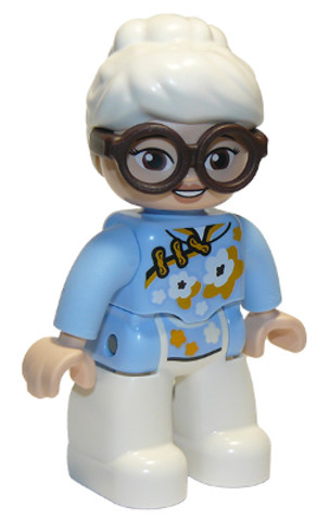 LEGO® Minifigurák 47394pb303 - Duplo Figure Lego Ville, Female, White Legs, Bright Light Blue Top with White and Bright Light Orang