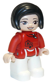 Duplo Figure Lego Ville, Female, White Legs, Red Top with Black Flowers, Black Hair