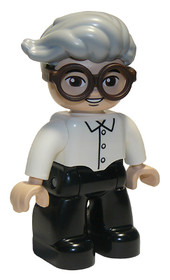Duplo Figure Lego Ville, Male, Black Legs, White Top, Dark Brown Glasses, Light Bluish Gray Hair