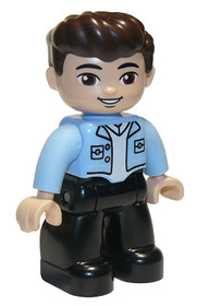 Duplo Figure Lego Ville, Male, Black Legs, Bright Light Blue Top with White Shirt, Dark Brown Hair