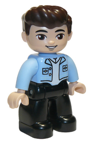 LEGO® Minifigurák 47394pb306 - Duplo Figure Lego Ville, Male, Black Legs, Bright Light Blue Top with White Shirt, Dark Brown Hair
