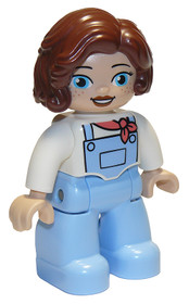 Duplo Figure Lego Ville, Female, Bright Light Blue Legs with Overalls, White Top, Reddish Brown Hair