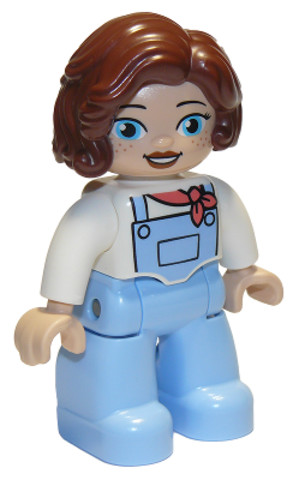 LEGO® Minifigurák 47394pb307 - Duplo Figure Lego Ville, Female, Bright Light Blue Legs with Overalls, White Top, Reddish Brown Hair