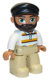 Duplo Figure Lego Ville, Male, Tan Legs, White Top with Stripes, Black Cap, Dark Brown Beard