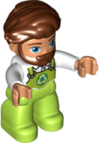 Duplo Figure Lego Ville, Male, Lime Legs with Overalls and Recycling Logo, Reddish Brown Hair and Be