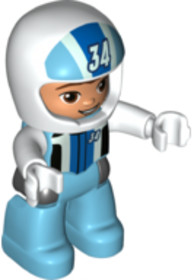 Duplo Figure Lego Ville, Male, Medium Azure Legs, White Race Top and Helmet with Number 34 Pattern