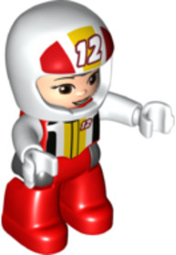 Duplo Figure Lego Ville, Female, Red Legs, White Race Top and Helmet with Number 12 Pattern