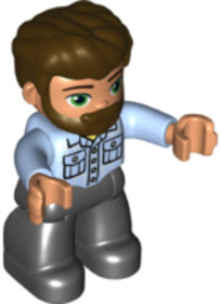 Duplo Figure Lego Ville, Male, Black Legs, Bright Light Blue Shirt with Pockets, Dark Brown Hair and