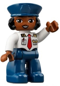 Duplo Figure Lego Ville, Female Pilot, Dark Blue Legs, White Top with Red Tie, Dark Blue Hat with Bl