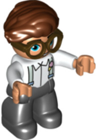 Duplo Figure Lego Ville, Male, Black Legs, White Top with Light Aqua Suspenders, Dark Brown Glasses,