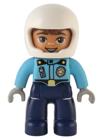 Duplo Figure Lego Ville, Male Police, Dark Blue Legs, Medium Azure Top with Badge and Zipper, White 