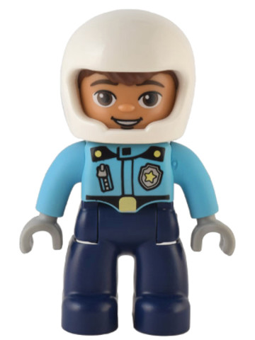 LEGO® DUPLO® 47394pb328 - Duplo Figure Lego Ville, Male Police, Dark Blue Legs, Medium Azure Top with Badge and Zipper, White 