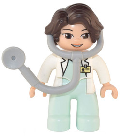 Duplo Figure Lego Ville, Female Medic, Light Aqua Legs, White Top with ID Badge, White Arms, Dark Br