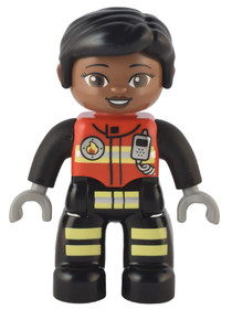 Duplo Figure Lego Ville, Female Firefighter, Black Legs with Reflective Stripes, Red Vest with Silve