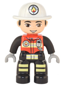 Duplo Figure Lego Ville, Male Firefighter, Black Legs with Reflective Stripes, Red Vest with Silver 