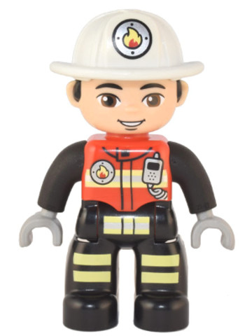 LEGO® DUPLO® 47394pb331 - Duplo Figure Lego Ville, Male Firefighter, Black Legs with Reflective Stripes, Red Vest with Silver 