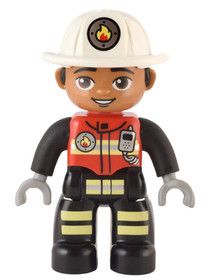 Duplo Figure Lego Ville, Male Firefighter, Black Legs with Reflective Stripes, Red Vest with Silver 