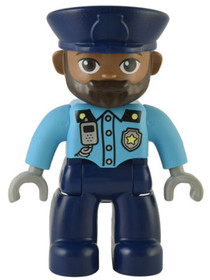 Duplo Figure Lego Ville, Male Police, Dark Blue Legs, Medium Azure Top with Silver Badge and Radio, 