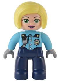 Duplo Figure Lego Ville, Female Police, Dark Blue Legs, Medium Azure Top with Silver Badge and Radio