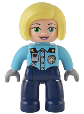 LEGO® DUPLO® 47394pb334 - Duplo Figure Lego Ville, Female Police, Dark Blue Legs, Medium Azure Top with Silver Badge and Radio