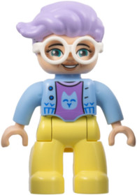 Duplo Figure Lego Ville, Female, Bright Light Yellow Legs, Bright Light Blue Jacket, Medium Lavender