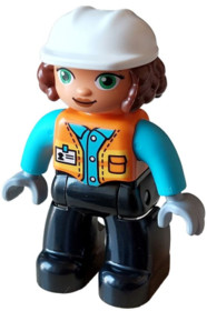 Duplo Figure Lego Ville, Female, Black Legs, Orange Vest with Badge and Pocket, Medium Azure Arms, L