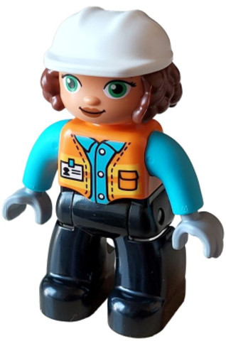 LEGO® Minifigurák 47394pb346 - Duplo Figure Lego Ville, Female, Black Legs, Orange Vest with Badge and Pocket, Medium Azure Arms, L
