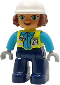 Duplo Figure Lego Ville, Female Railway Worker, Dark Blue Legs, Neon Yellow Vest with Name Tag and T