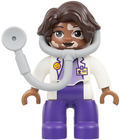 Duplo Figure Lego Ville, Female Medic, Dark Purple Legs, White Top with ID Badge Pattern, White Arms