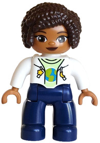 Duplo Figure Lego Ville, Female, Dark Blue Legs, White Jacket over Yellowish Green Shirt with Blue a