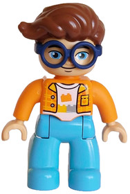 Duplo Figure Lego Ville, Male, Medium Azure Legs, Orange Plaid Jacket over White Shirt with Silver B