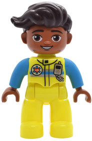 Duplo Figure Lego Ville, Male, Neon Yellow Legs, Uniform Vest with Silver and Dark Azure Stripes, Ra