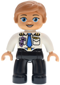 Duplo Figure Lego Ville, Female, Black Legs, White Pilot Uniform, Blue Tie, Medium Lavender Glasses,