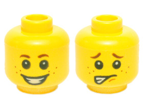 Minifigura sárga fej, két arccal (mosolygós és aggódós)