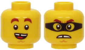 Sárga férfi minifigura fej, 2 arccal, maszkos