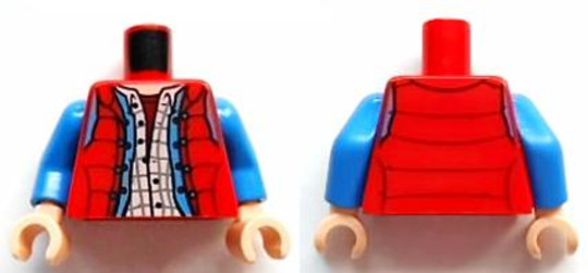LEGO® Alkatrészek (Pick a Brick) 973pb1477c01 - Törzs mellénnyel kockás inggel és kék farmerkabát mintával (Marty McFly) / Kék karok / Világos Nugát
