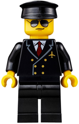 LEGO® Minifigurák air055 - Airport - Pilot, Black Legs, Red Tie and 6 Buttons, Black Hat, Black and Silver Sunglasses