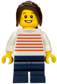 Merchant Boat - Girl, White Sweater with Red Horizontal Stripes, Dark Blue Medium Legs, Dark Brown H