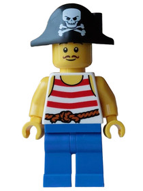 Pirate - Male, White Tank Top with Red Stripes, Blue Legs, Black Bicorne Hat with Skull and Crossbon