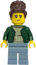 Gold Mine Worker - Female, Dark Green Open Jacket, Sand Blue Legs, Dark Brown Coiled Hair with Bun